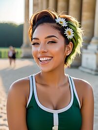 A 28 year old athletic woman sunbathes naked on lawn at sunrise in Versailles