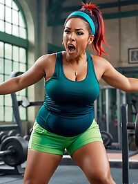 A curvy 42 year old woman with ombre hair and dark blue eyes wears a tank top and shorts